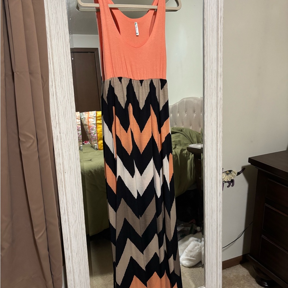 Vibrant Orange and Pink Maxi Sundress with Scoop Neck
